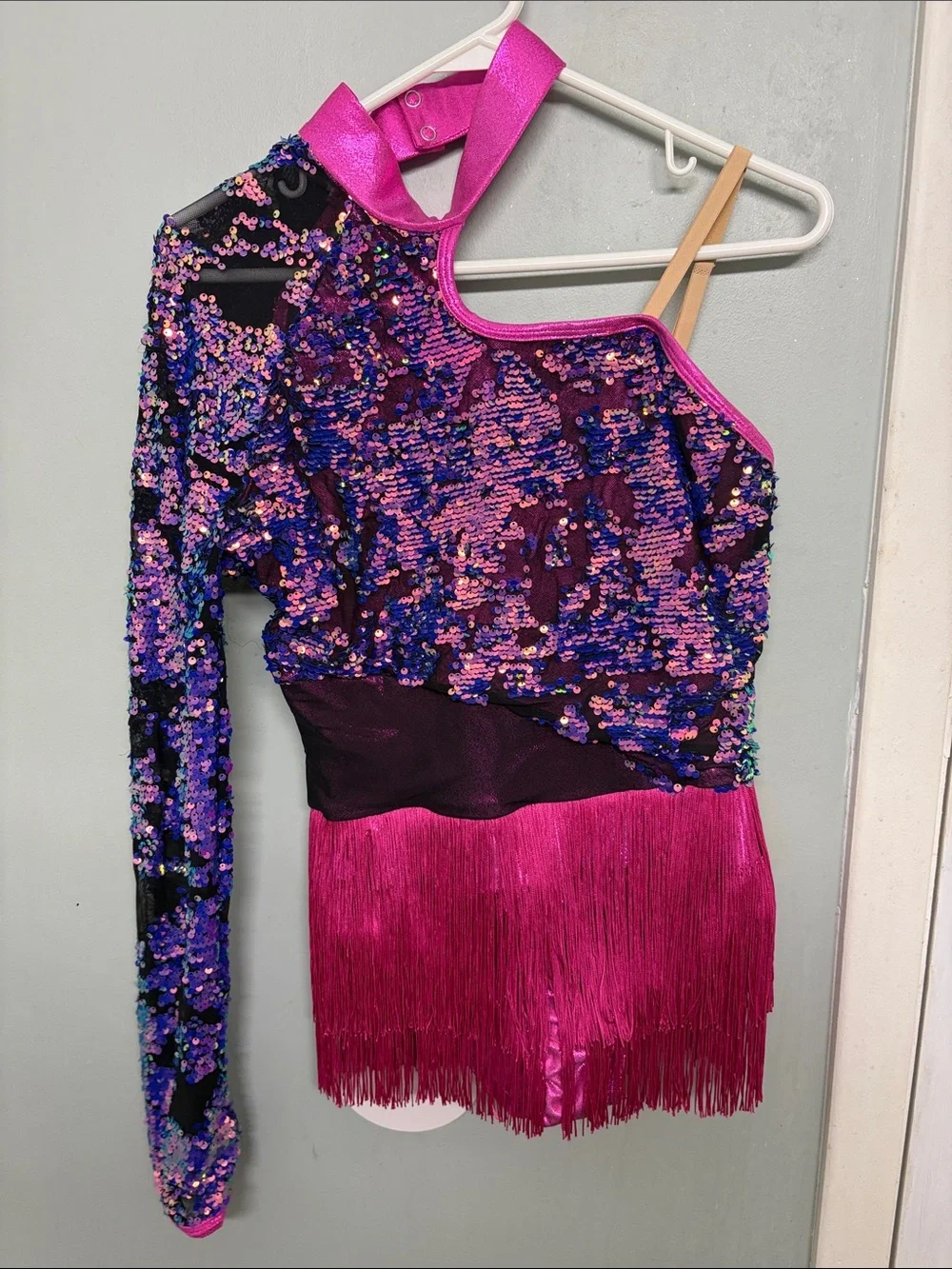 Weissman Girls Sequined One-Shoulder Dance Costume in Pink and Purple